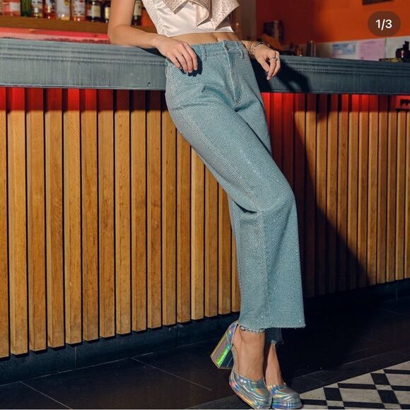 Garment Washed Denim All Over Studded MId Rise Sparkle Jeans - Picture 2 of 4